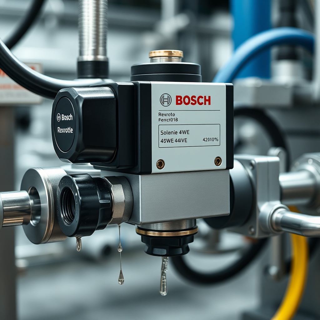 A clean photorealistic photo of a Bosch Rexroth 4WE hydraulic directional control valve mo
