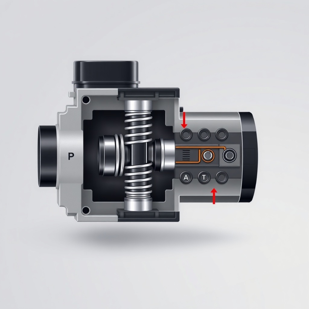 A simple cross-section illustration of a Bosch Rexroth 4WE valve showing the internal spoo