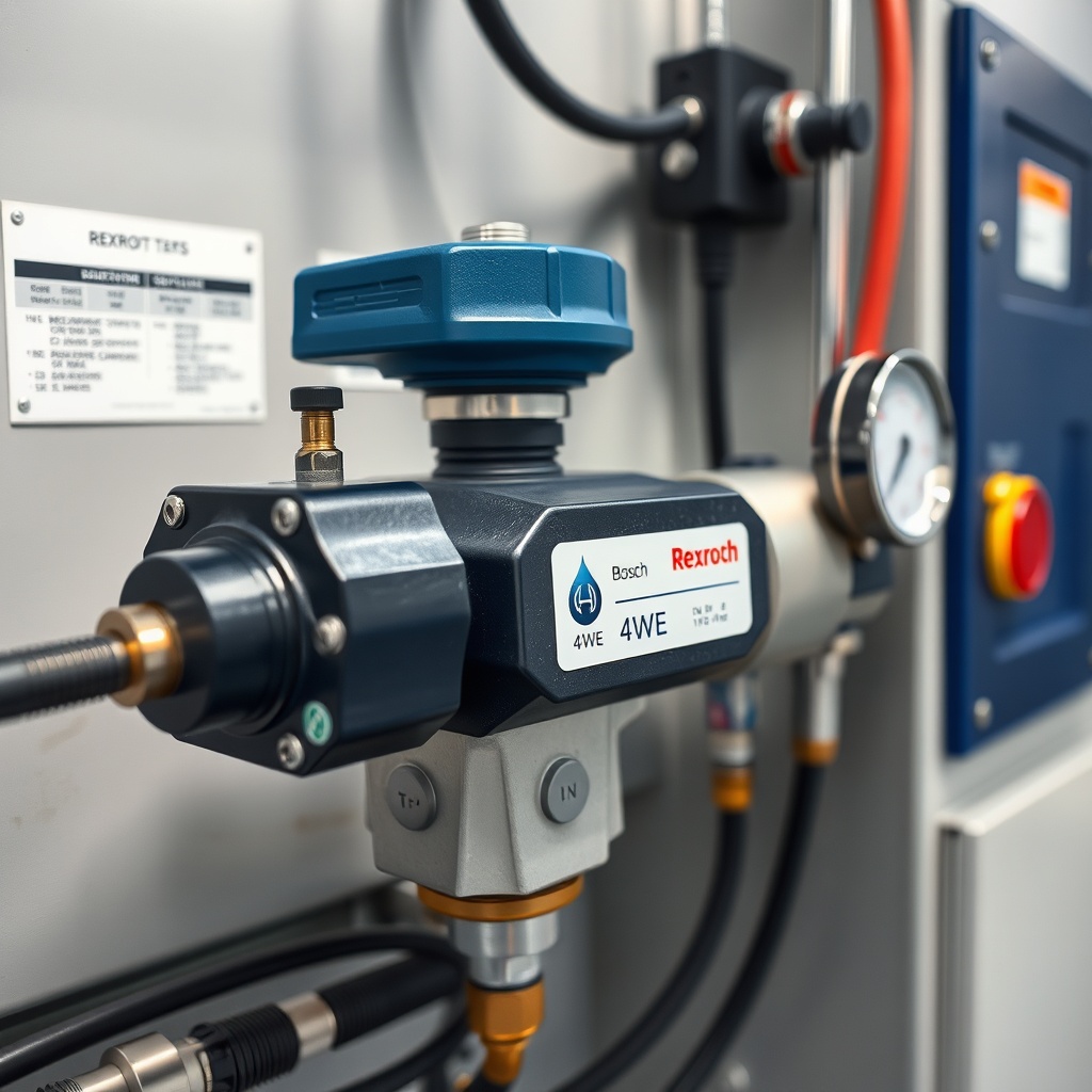 <A photorealistic photo of a Bosch Rexroth 4WE valve on a hydraulic test bench