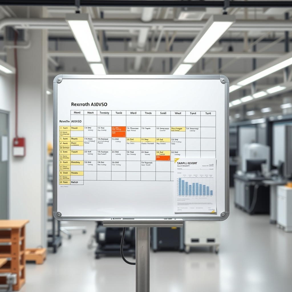 Photorealistic image of a whiteboard with a maintenance calendar and color-coded schedule