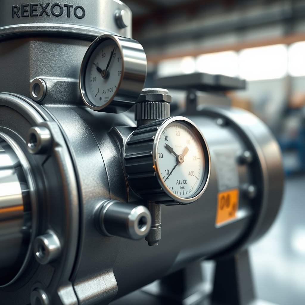 Close-up photorealistic shot of Rexroth A10VSO pump body with pressure adjustment screw an