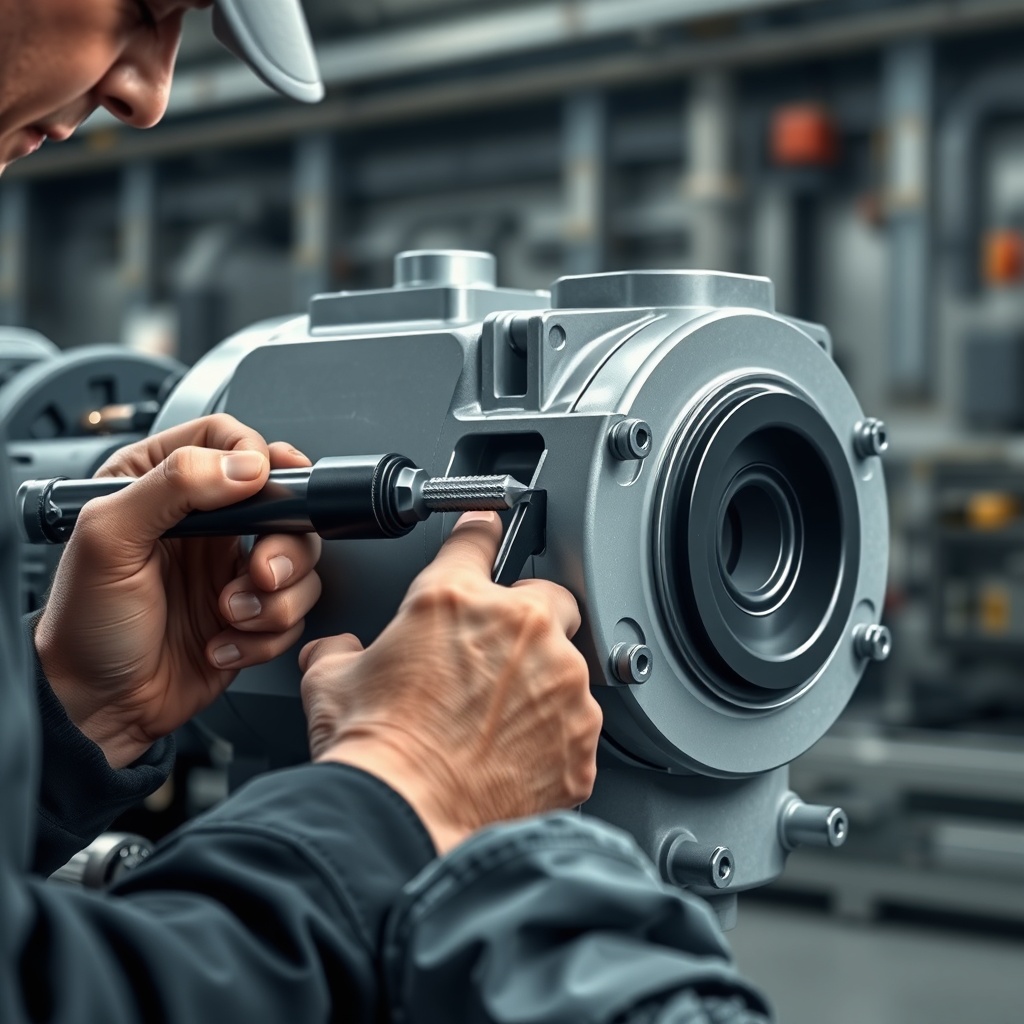 Photorealistic image of a technician adjusting a Rexroth A10VSO pump pressure screw with a
