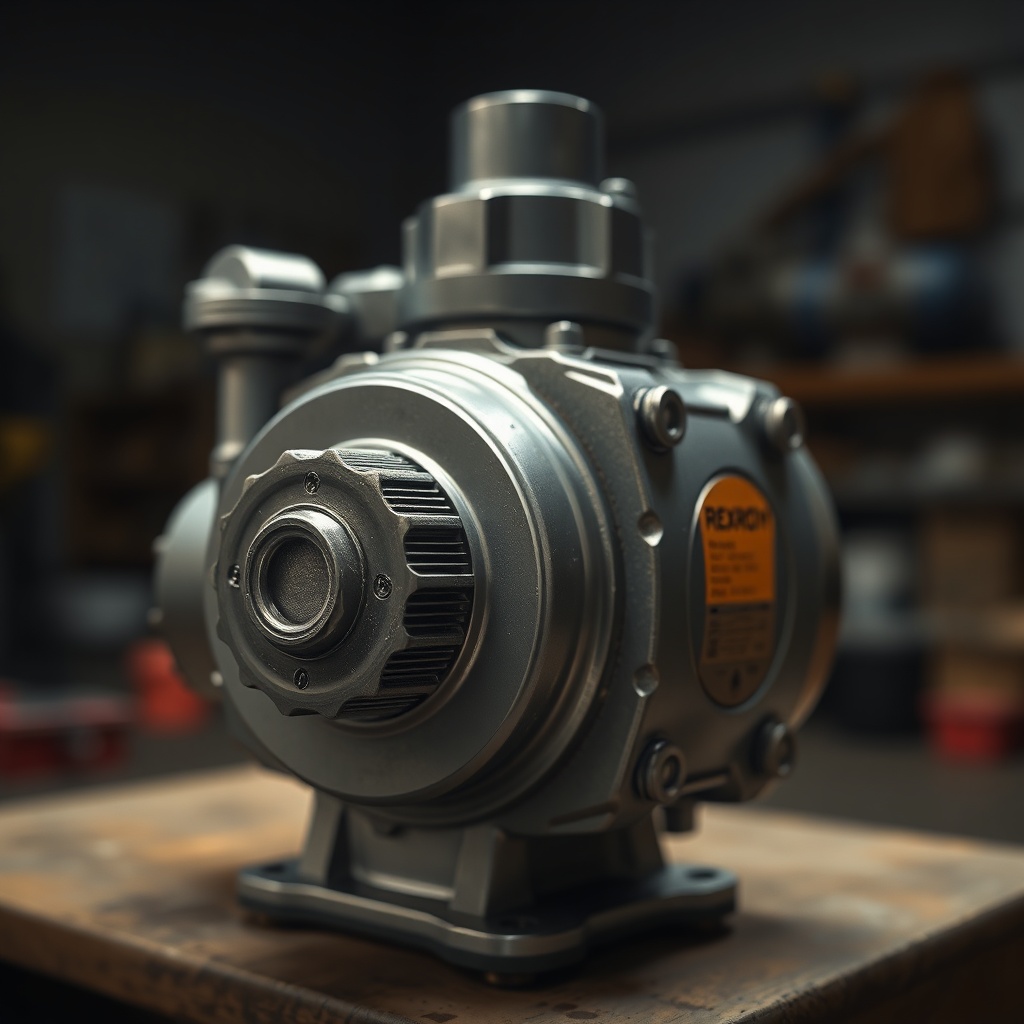 <clean photorealistic photo of a Rexroth A10VSO pump with a pressure relief valve adjustme