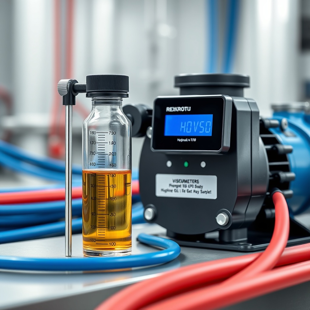 <clean photorealistic photo of a hydraulic oil sample being tested with a viscometer next
