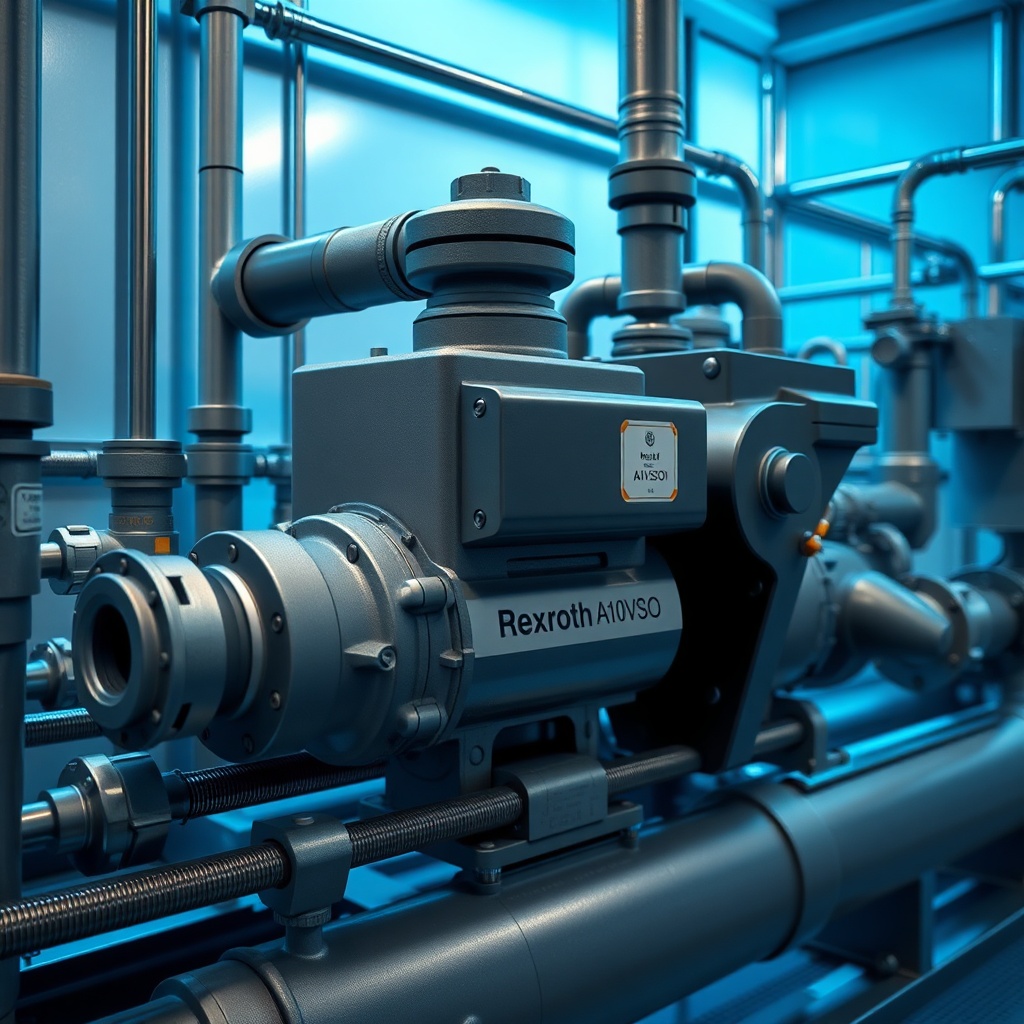 A photorealistic photo of an industrial hydraulic system with a Rexroth A10VSO pump instal