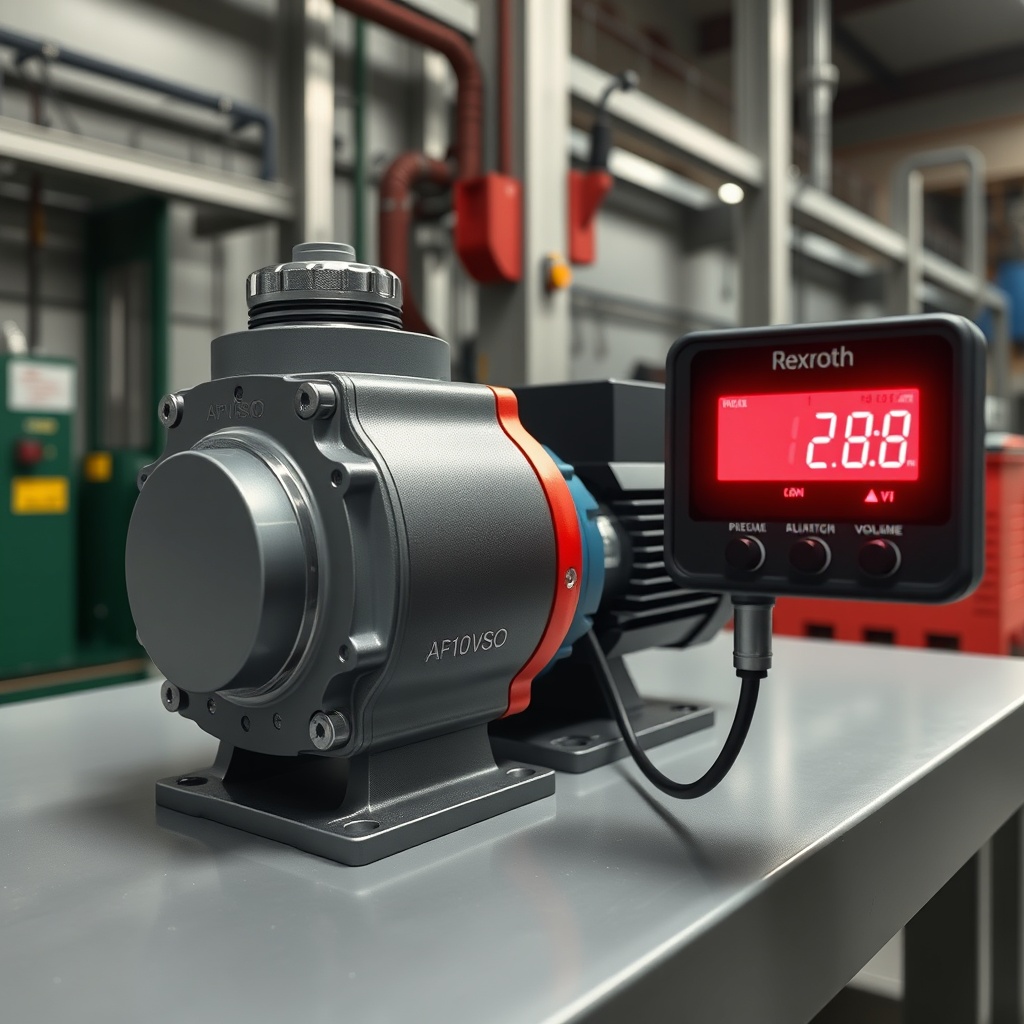<clean photorealistic photo of a Rexroth A10VSO pump being calibrated with a digital flowm