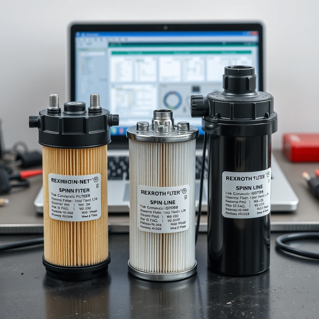 high-resolution photo of three different hydraulic oil filters (spin-on