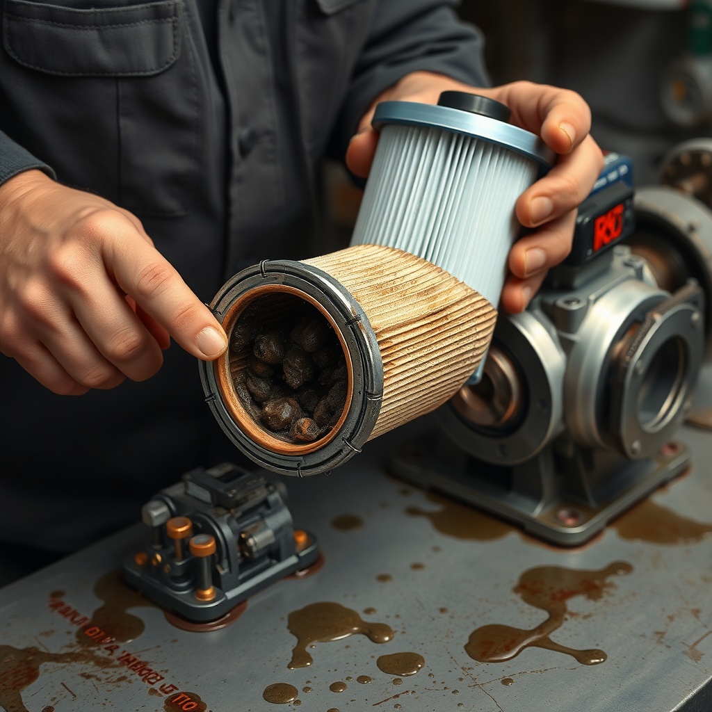realistic photo of a hydraulic mechanic holding a clogged filter element next to a Rexroth
