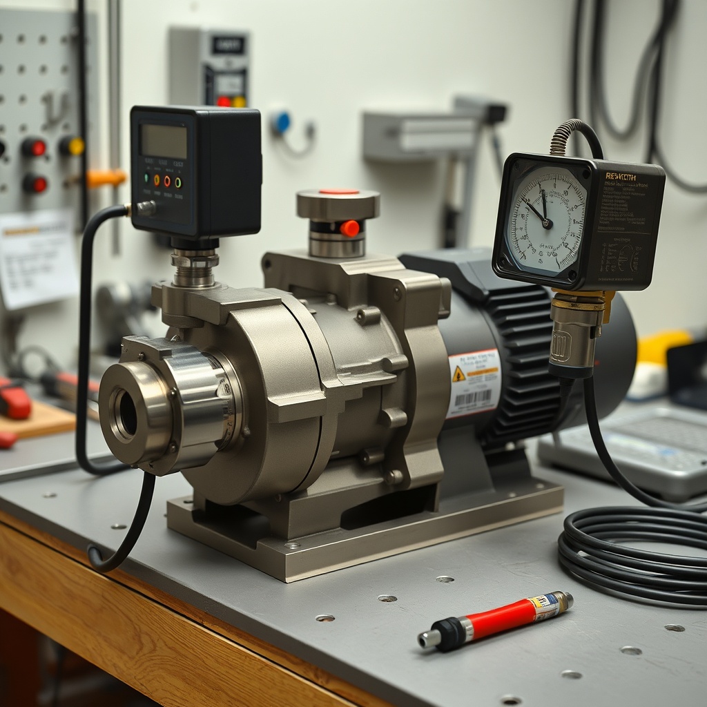 <photo of a Rexroth A10VSO pump connected to test manifold with digital flowmeter and pres