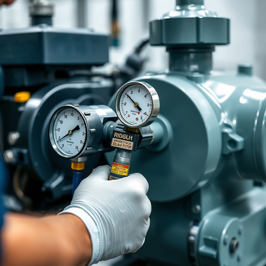 <photo of a technician inspecting a Rexroth A10VSO pump's drain line with a pressure gauge