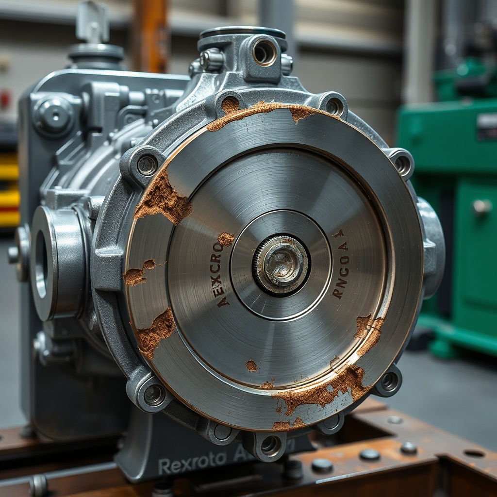 Realistic photo of a Rexroth A10VSO pump showing cavitation damage on the port plate and p
