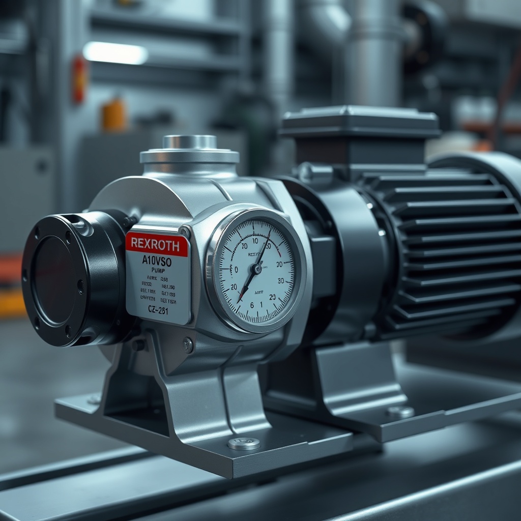 A photorealistic close-up of a Rexroth A10VSO pump being aligned with an electric motor on