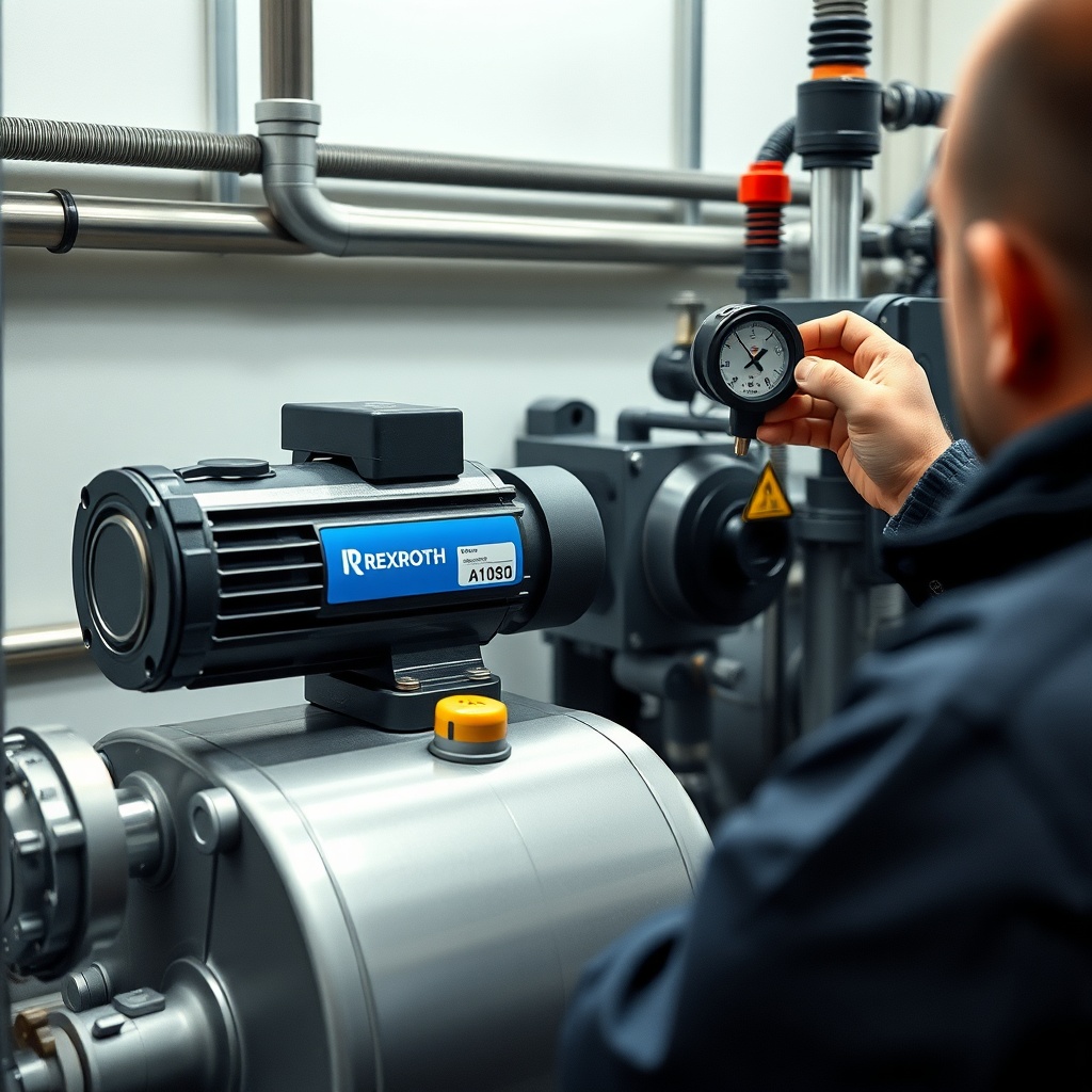 A photorealistic photo of a hydraulic system with a Rexroth A10VSO pump running