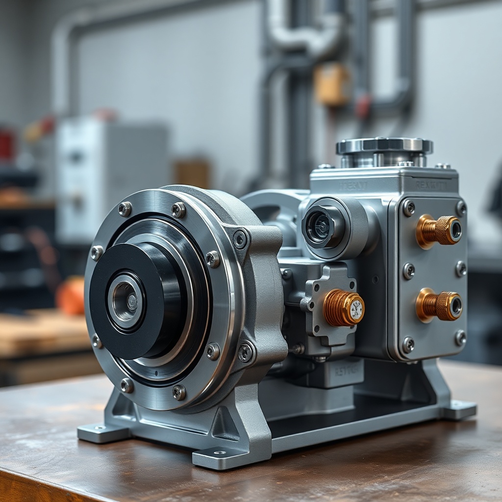 A photorealistic close-up of a Rexroth A10VSO variable displacement axial piston pump on a