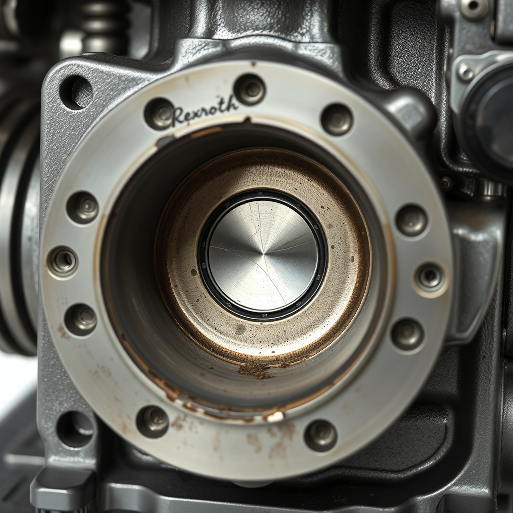 A close-up photorealistic photo of a Rexroth A10VSO pump with visible piston wear marks an