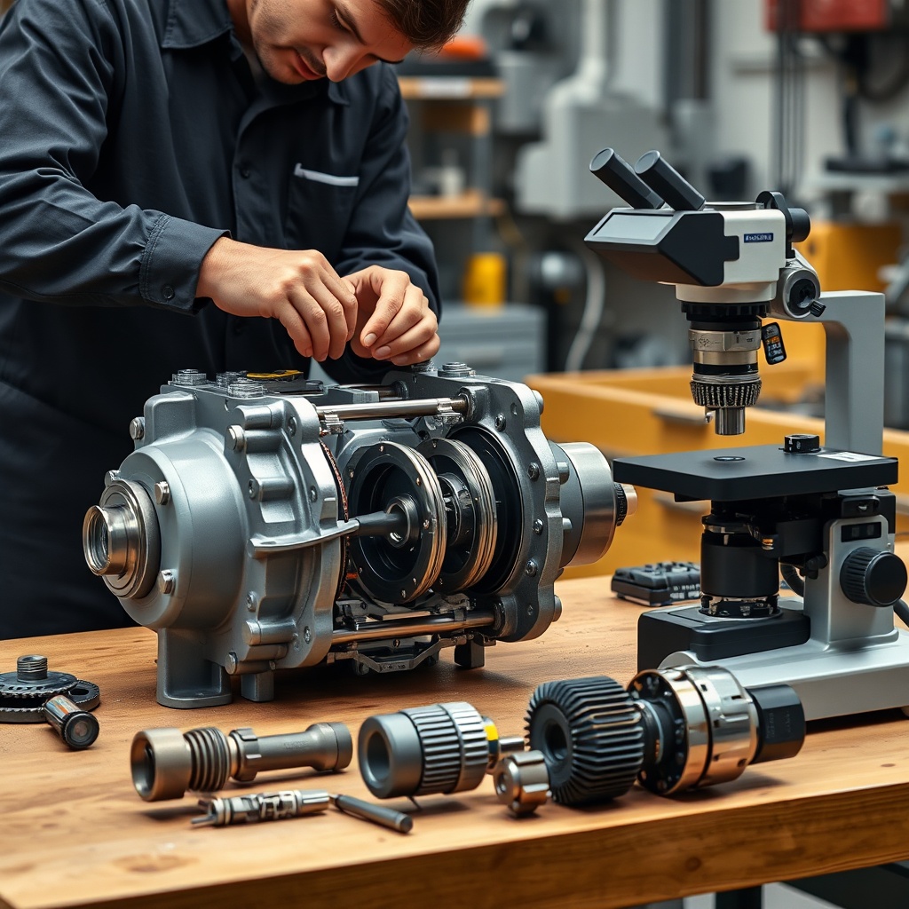 A photorealistic photo of a mechanic inspecting the piston group of a Rexroth A10VSO pump