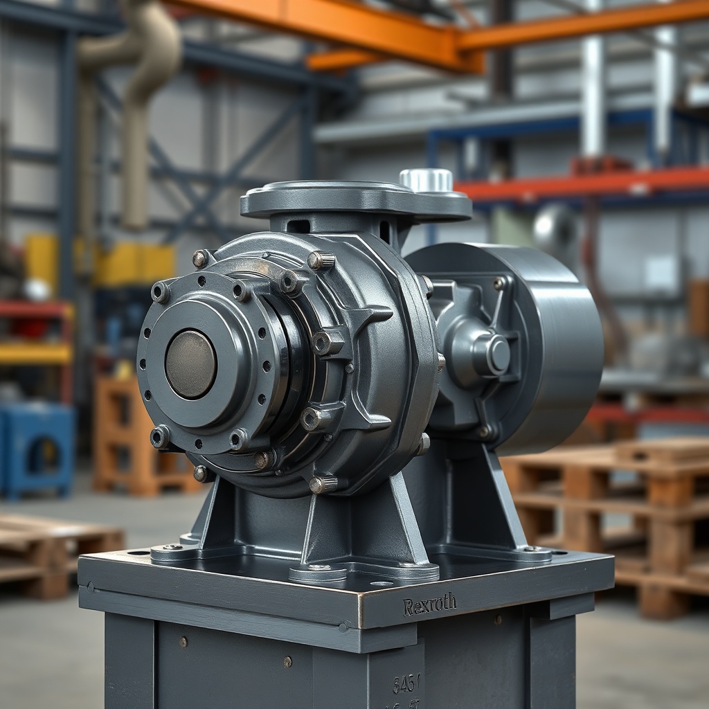 <clean photorealistic photo/illustration of a Rexroth A10VSO pump mounted on a steel basep