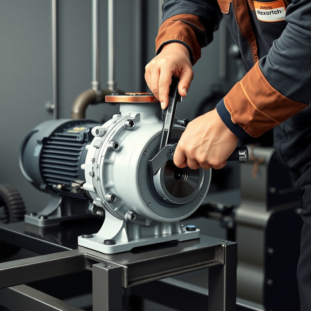 <clean photorealistic photo/illustration of a technician tightening bolts on a Rexroth A10