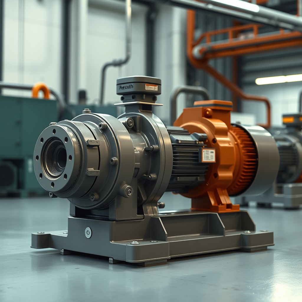clean photorealistic photo of a Rexroth A10VSO pump with vibration damping mounts installe
