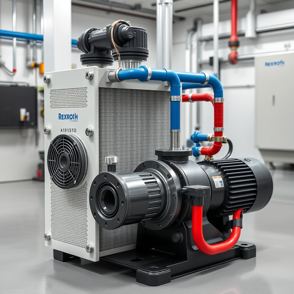 <clean photorealistic photo of a water-cooled heat exchanger connected to a Rexroth A10VSO