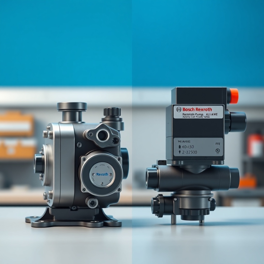 A photorealistic split view of a Rexroth A10VSO axial piston pump on the left and a Bosch