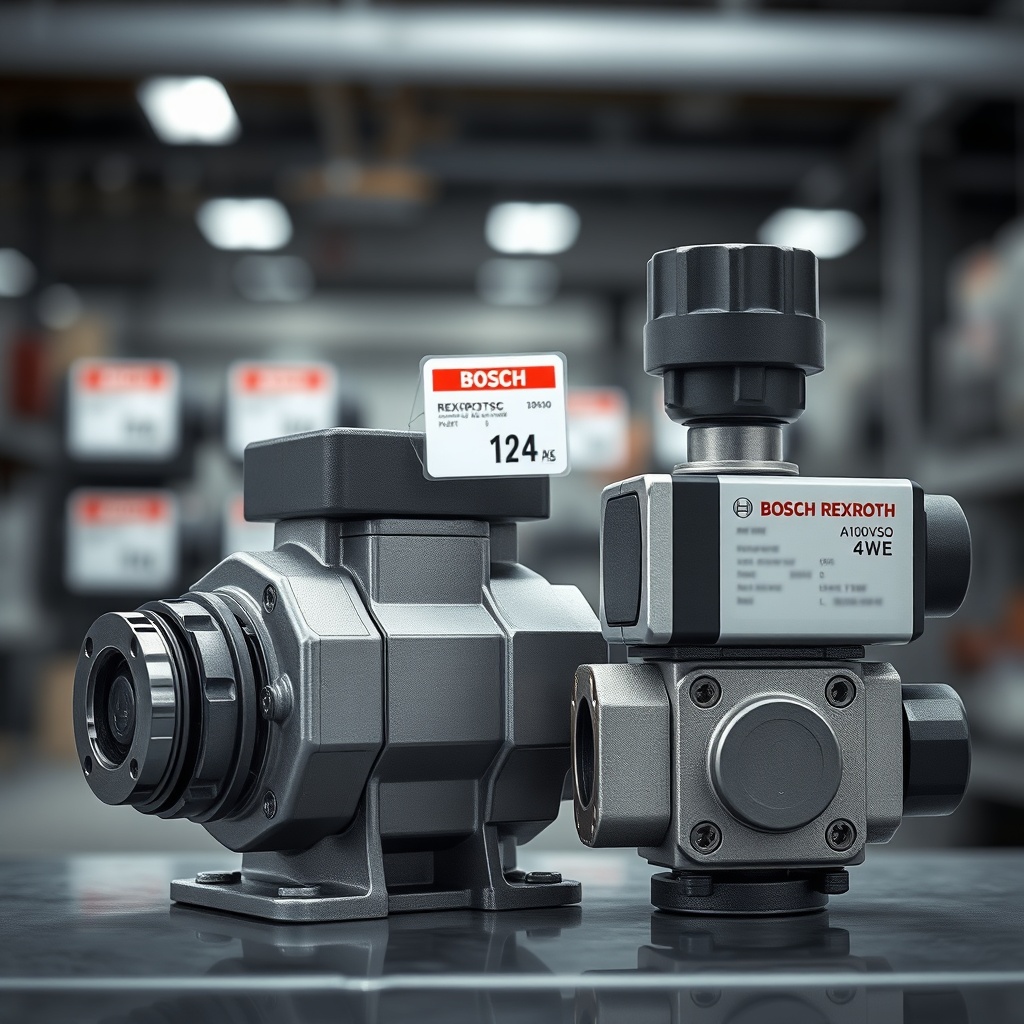 A photorealistic close-up of a Rexroth A10VSO pump placed next to a Bosch Rexroth 4WE valv
