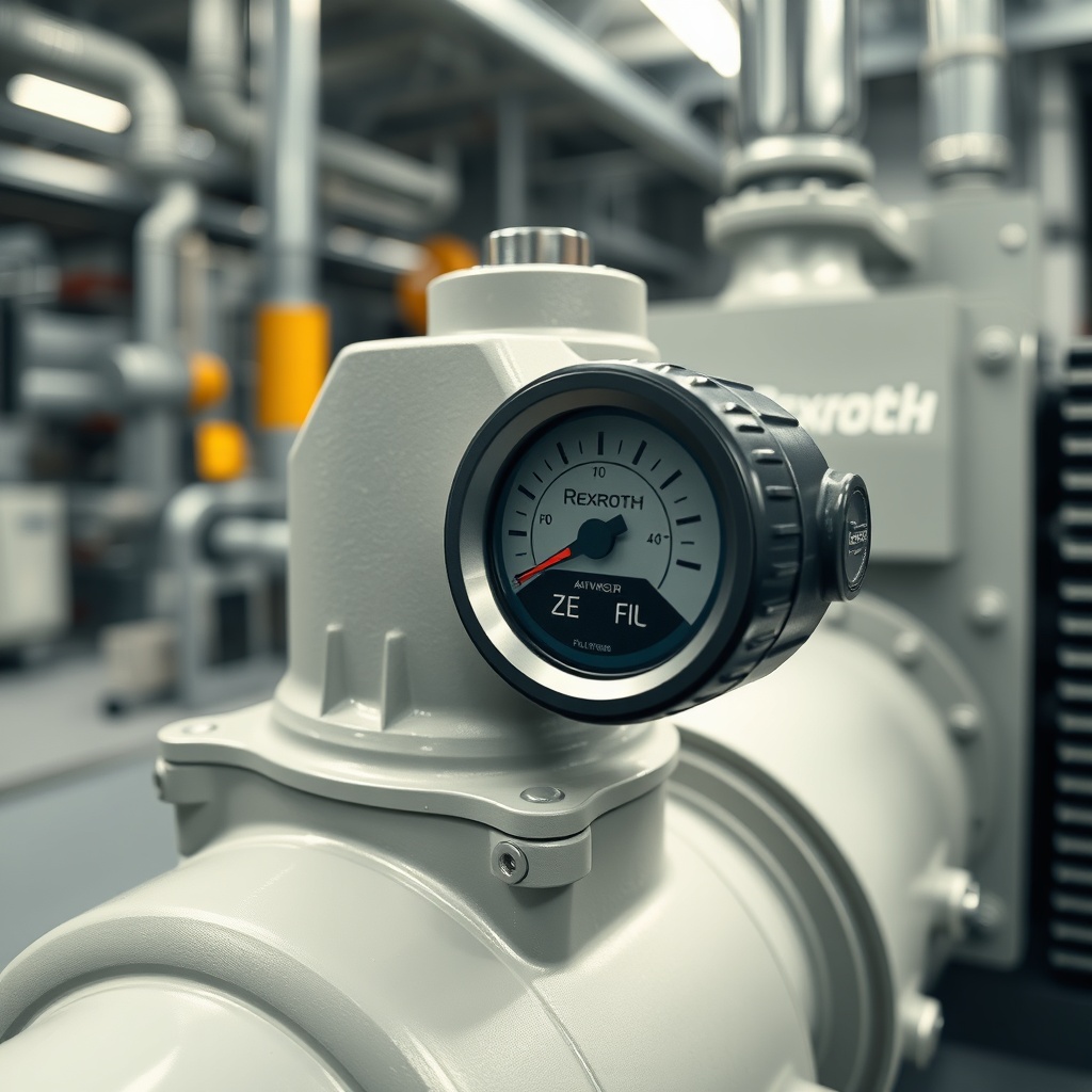 <photorealistic close-up photo of a Rexroth A4VSO pump in an industrial setting