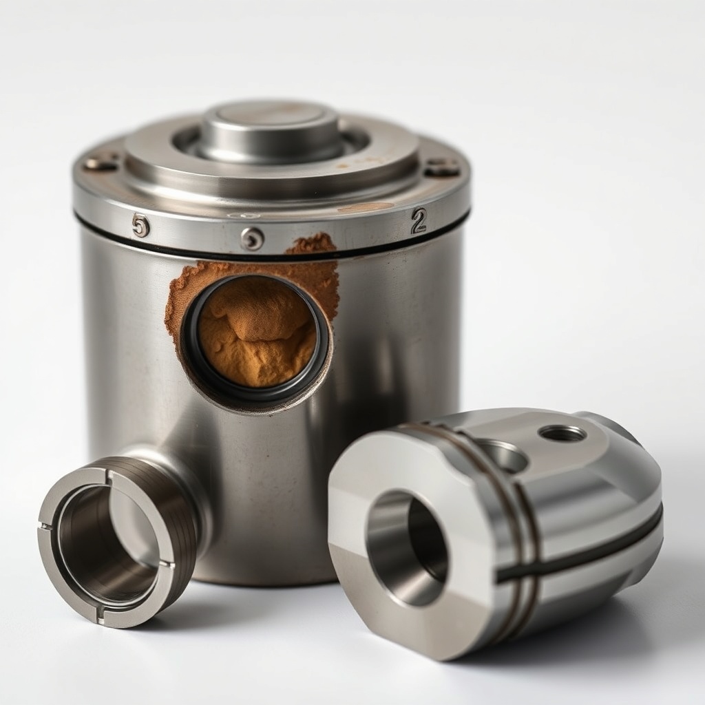 <photorealistic photo of a worn Rexroth A4VSO pump piston showing scoring marks