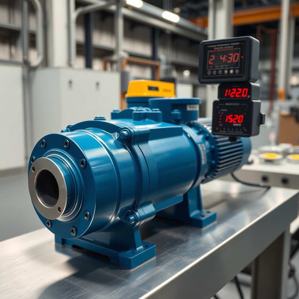A precision-engineered Rexroth A4VSO axial piston pump on a test bench with digital flow m