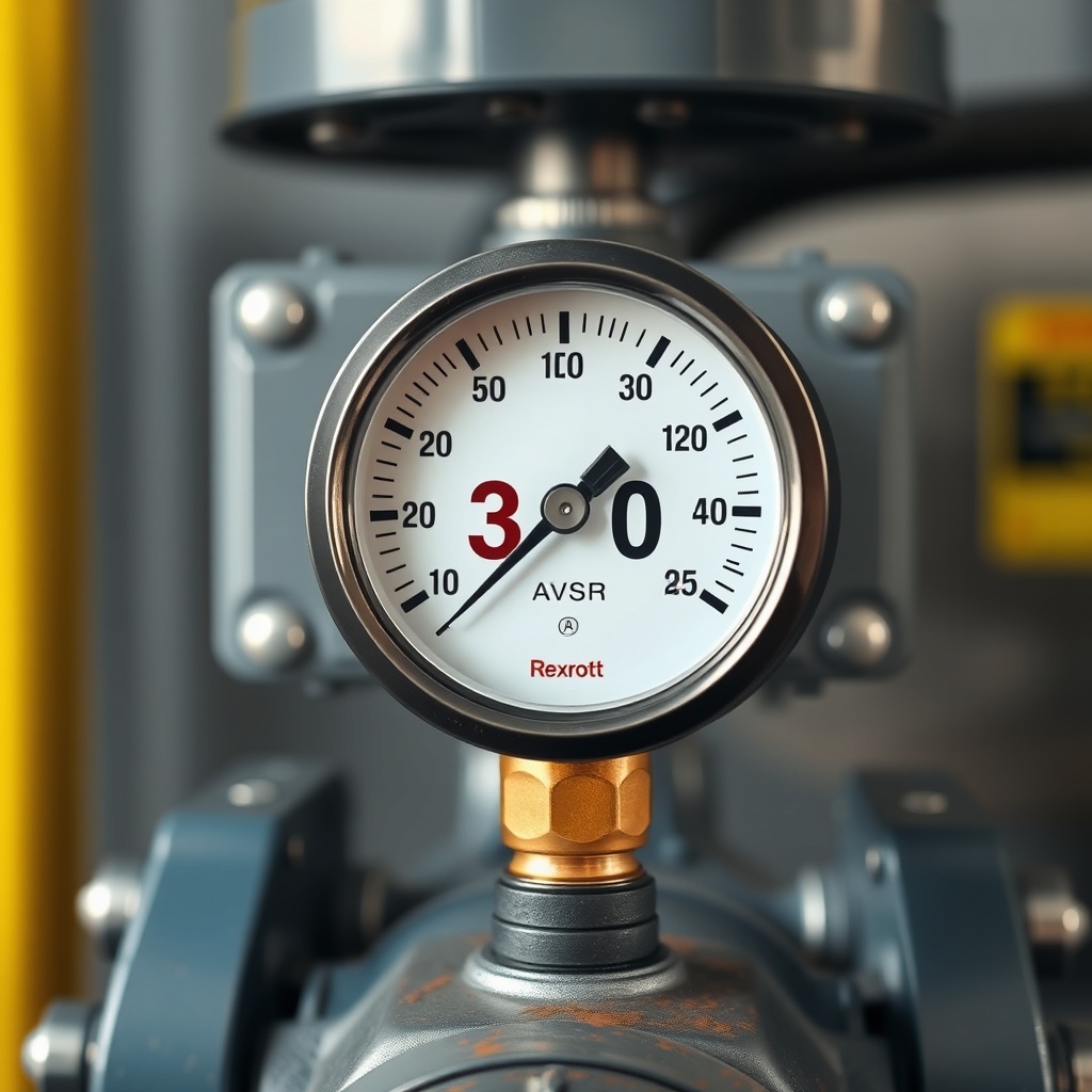 <clean photorealistic photo of a hydraulic system pressure gauge reading 350 bar connected