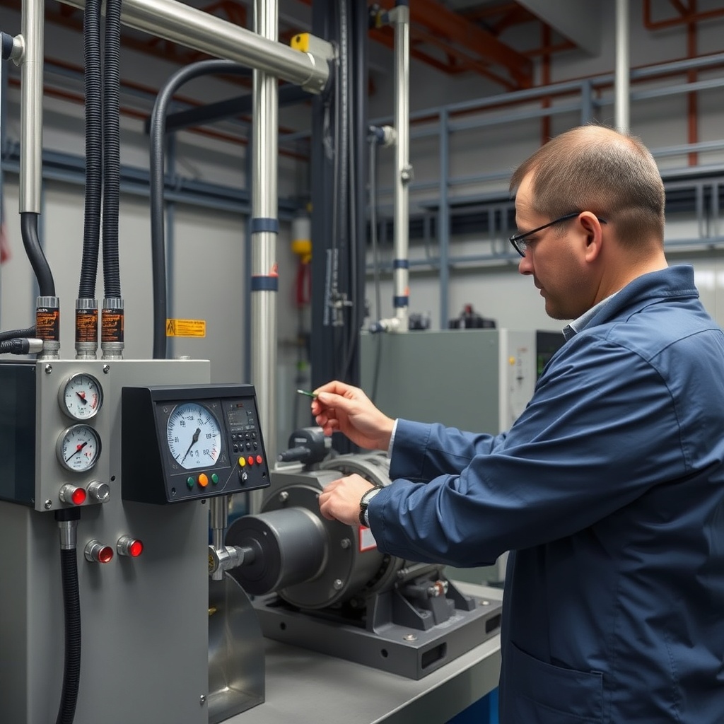 technician measuring flow rate and pressure at Rexroth A4VSO pump test bench