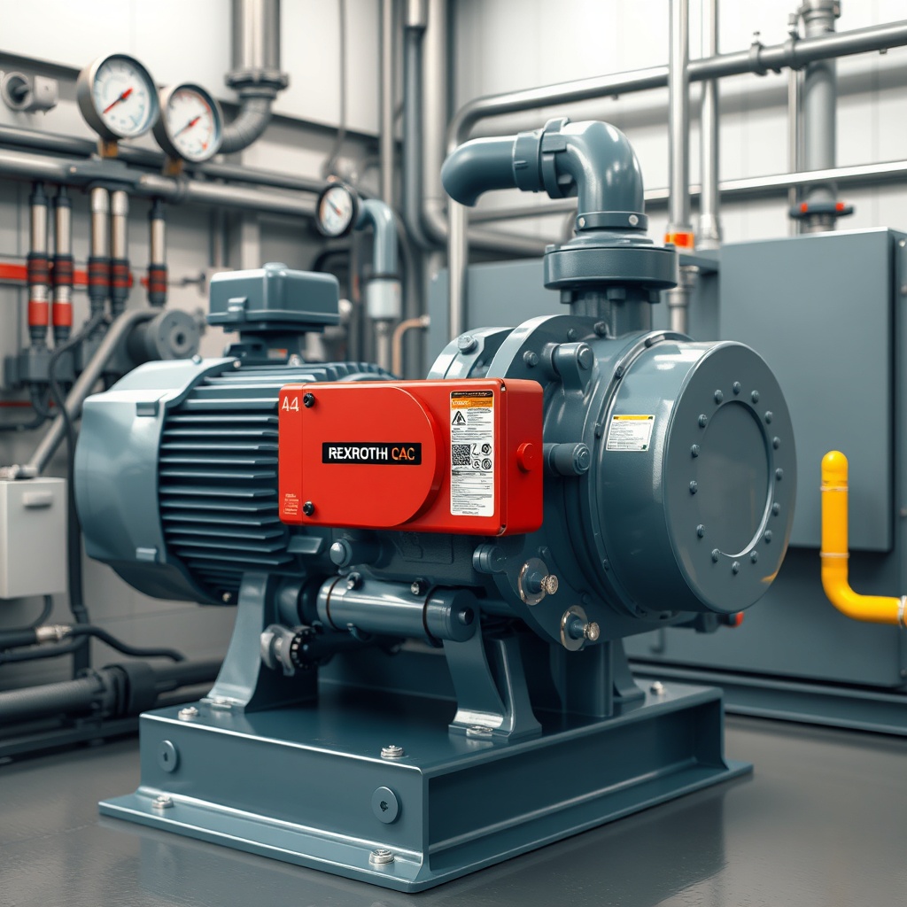 <clean photorealistic photo/illustration of a Rexroth A4VSO pump in an industrial setting