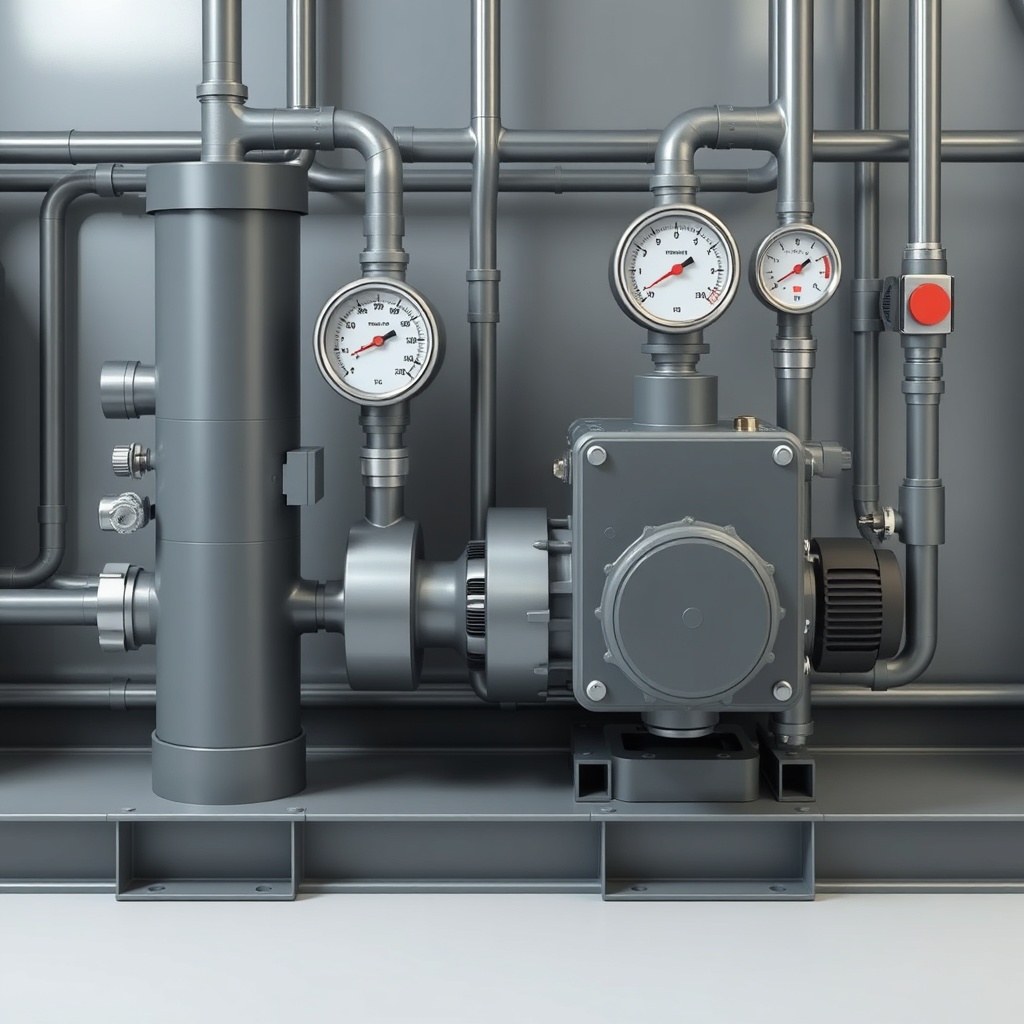 <clean photorealistic photo/illustration of a hydraulic system with a heat exchanger and a