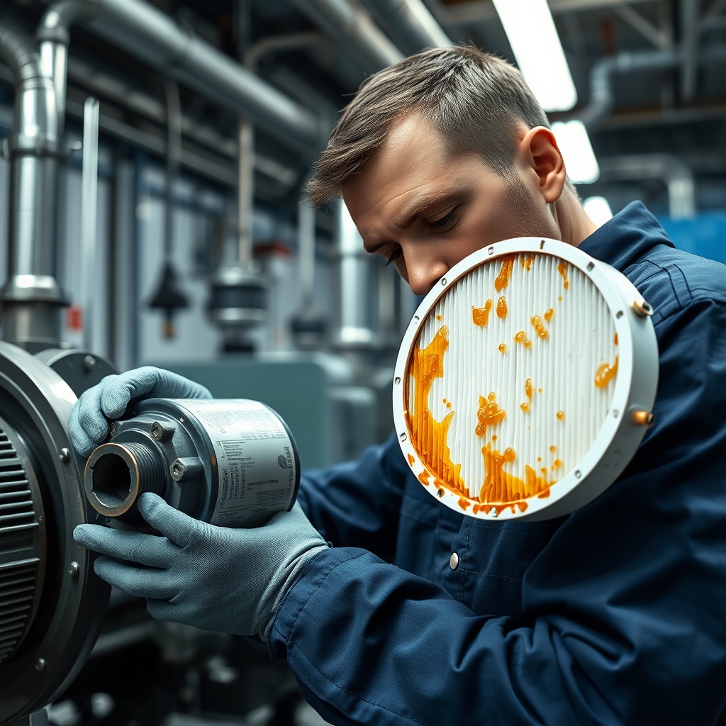 <clean photorealistic photo of a technician inspecting a Rexroth A4VSO pump filter element