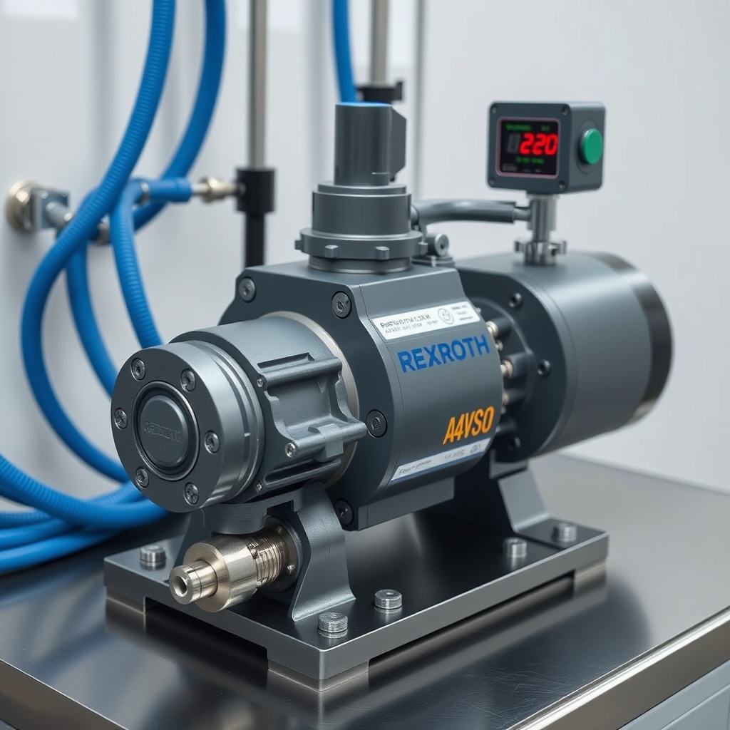 <clean photorealistic photo of a Rexroth A4VSO pump on a test bench with blue hydraulic ho