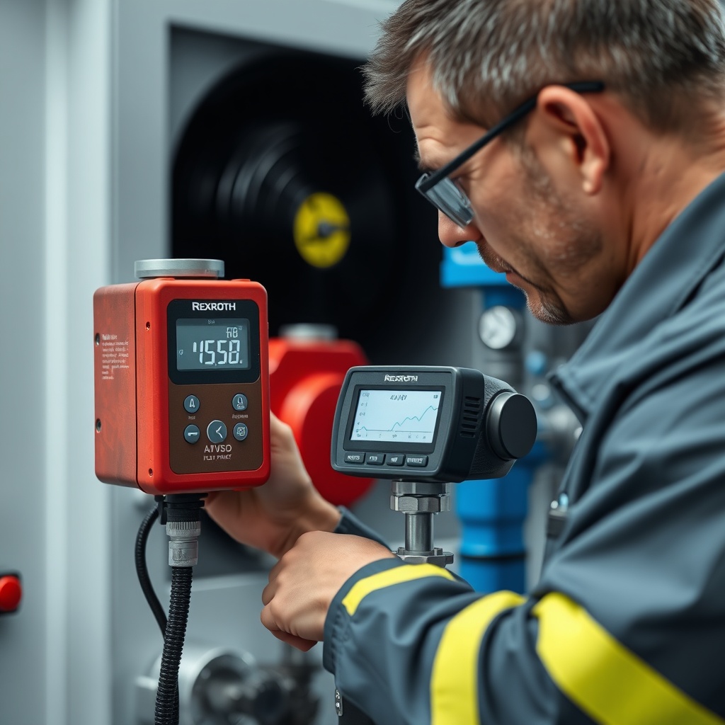 <clean photorealistic photo of a technician analyzing data from a digital flow meter conne