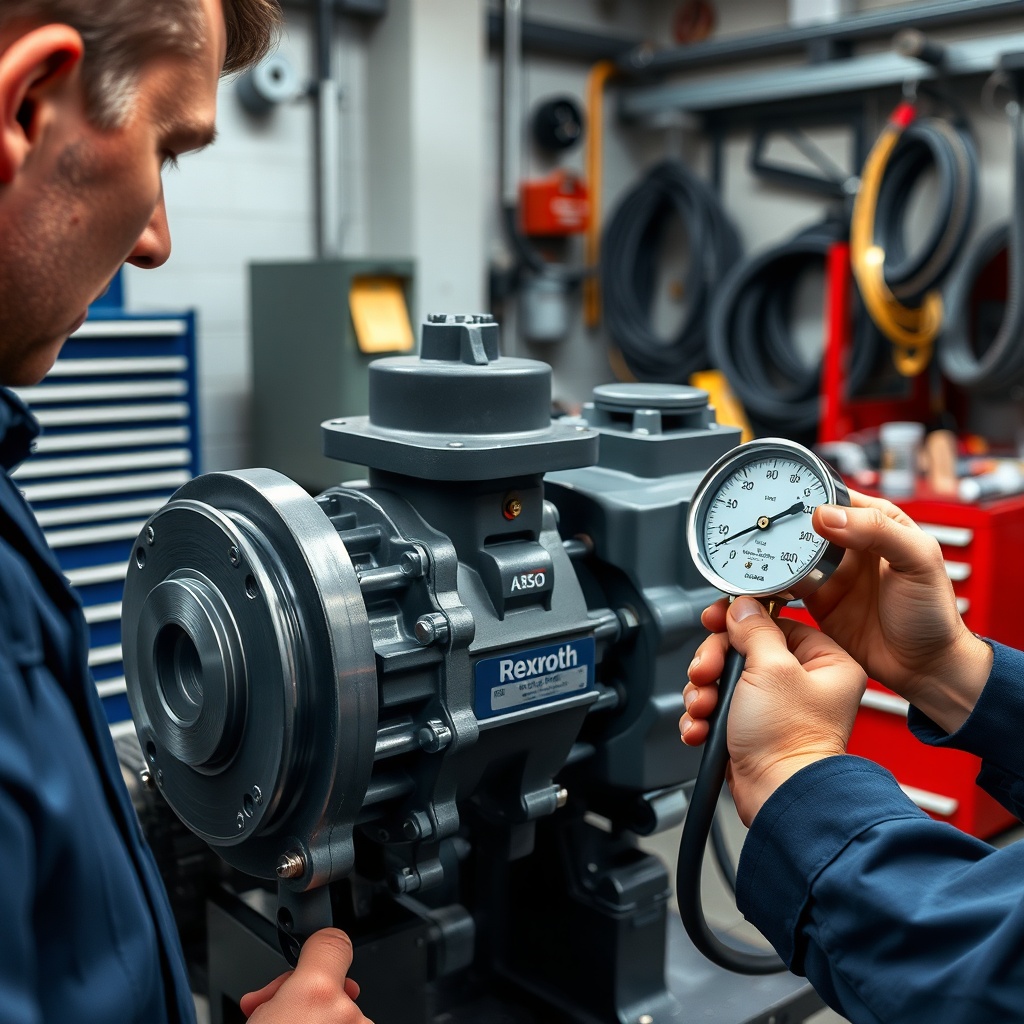 <A photorealistic photo of a hydraulic system workshop with a technician inspecting a Rexr