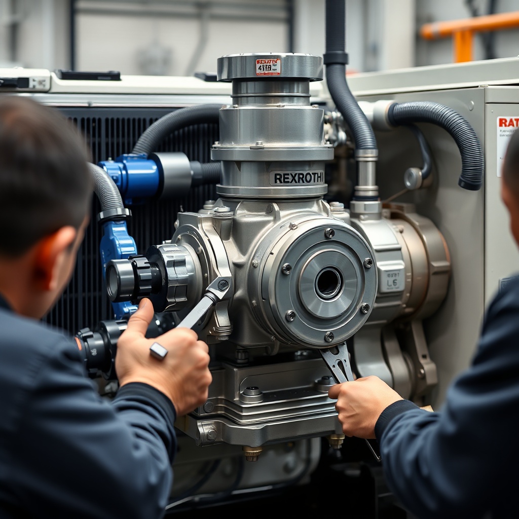 A clean photorealistic photo of a Rexroth A4VSO piston pump being mounted on a hydraulic p