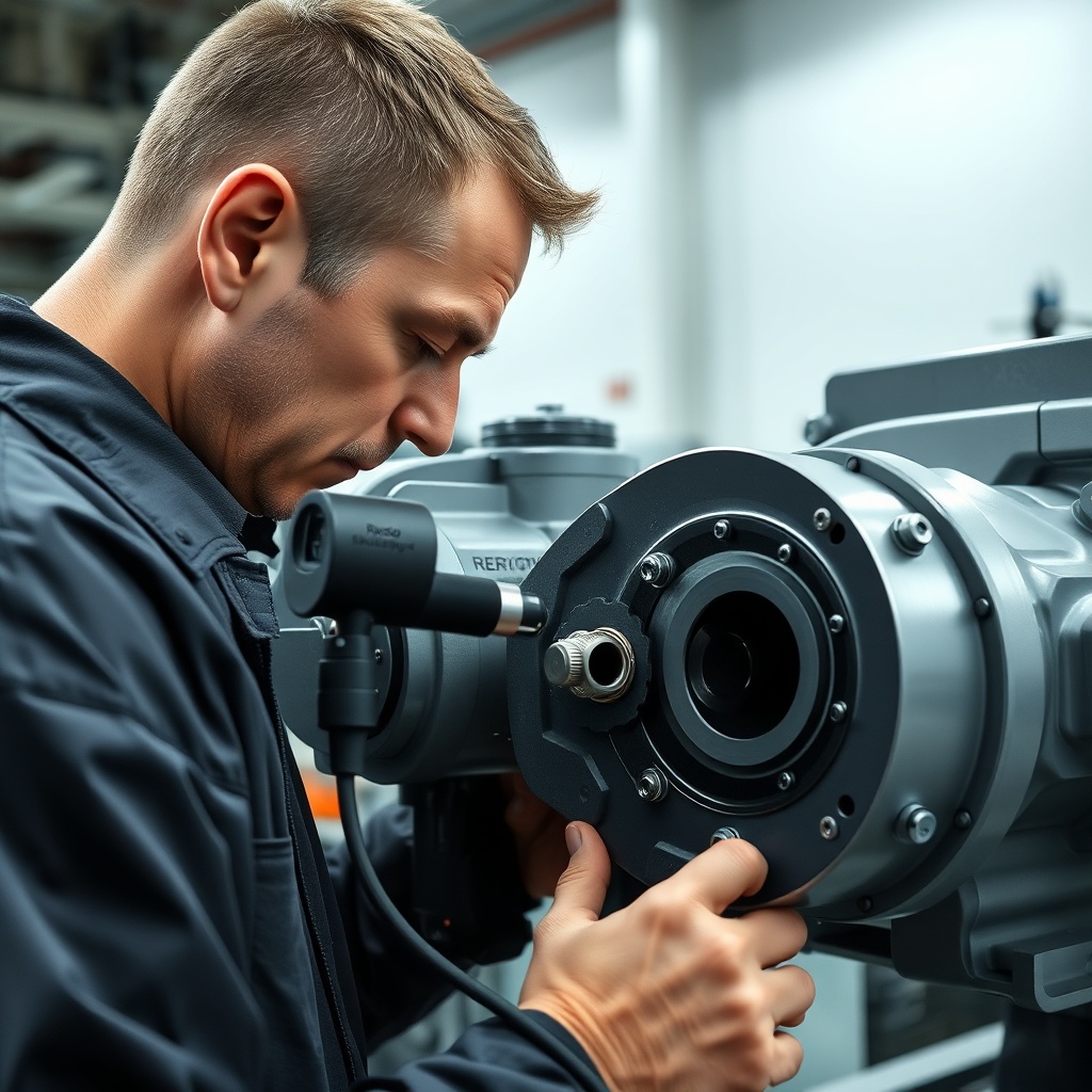 A photorealistic image of an industrial technician inspecting a Rexroth A4VSO pump with a