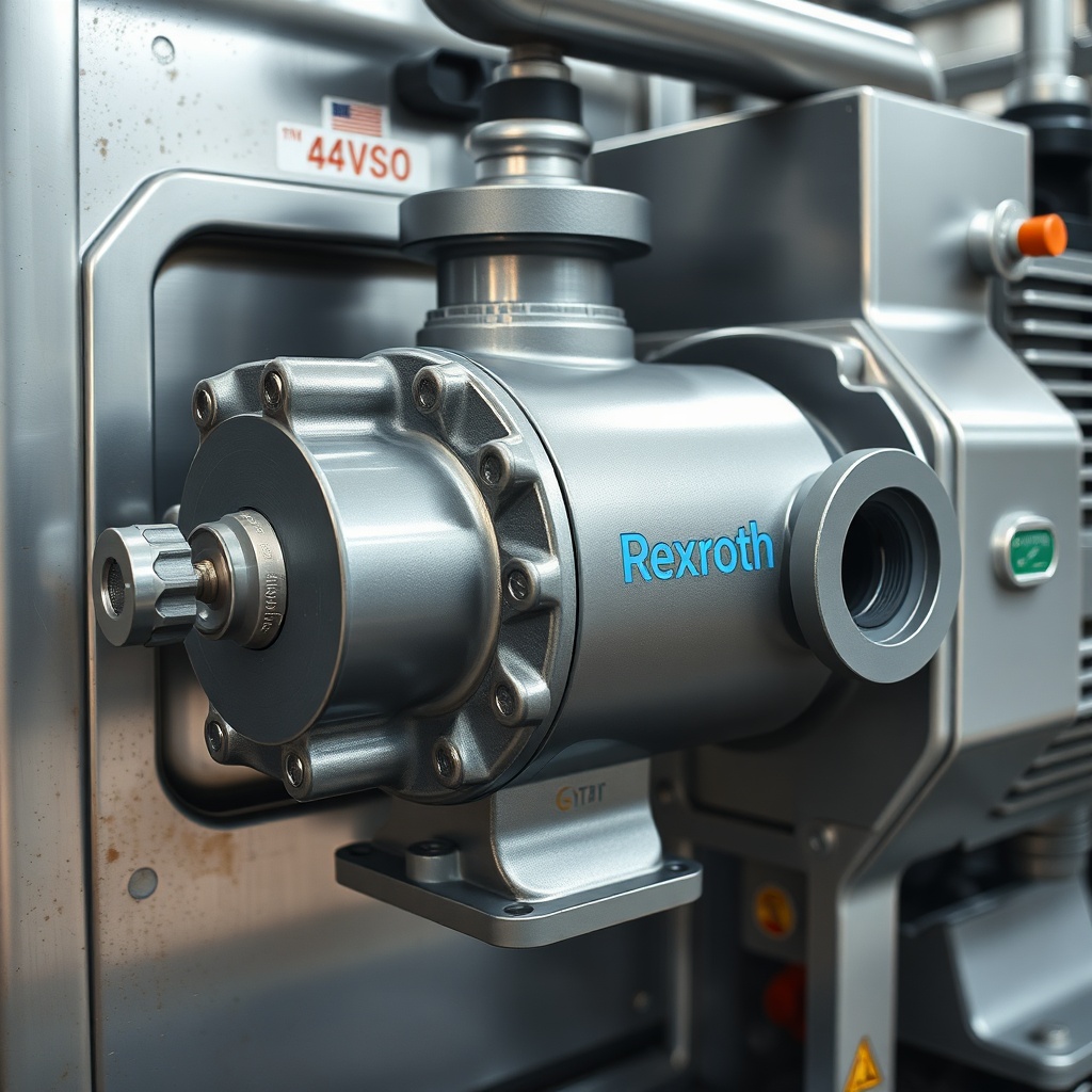 <Close-up photorealistic photo of a Rexroth A4VSO pump installed on a hydraulic power unit