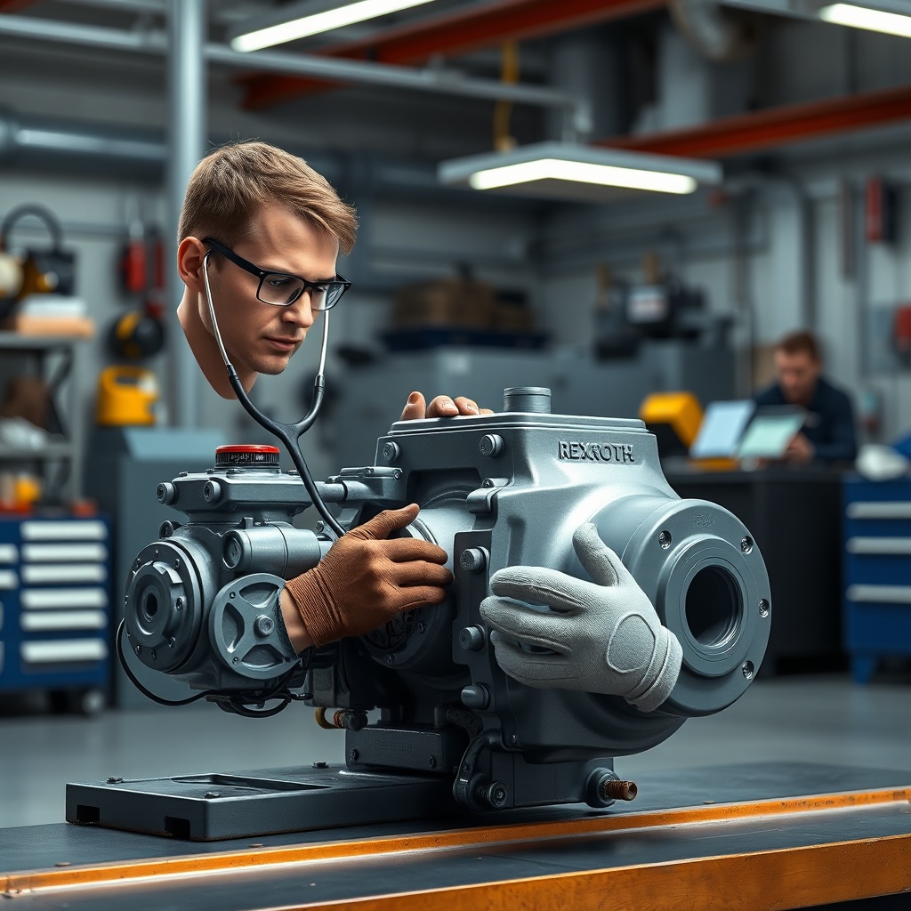 <Photorealistic factory floor image showing a hydraulic technician inspecting a Rexroth A4
